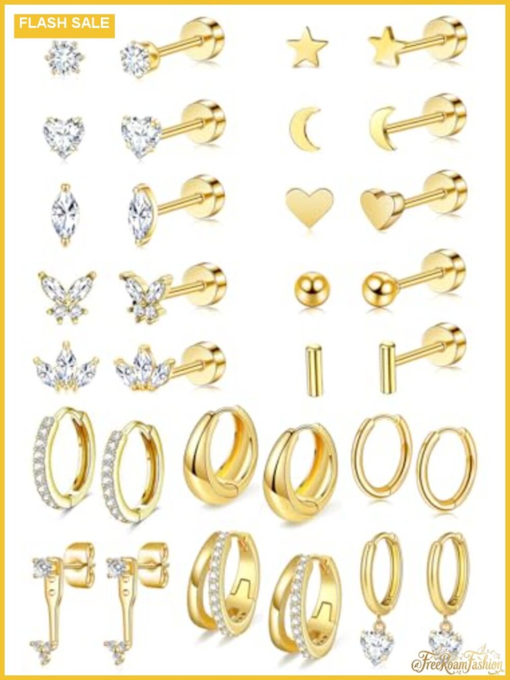 14K Gold Plated 16 Pair Earring Set - Flat Back Studs & Hoops Hypoallergenic